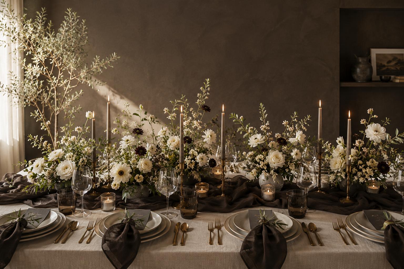 A curated Tied with a Bow event layout with layered linens, florals, and place settings ready for guests