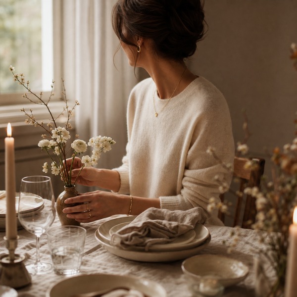 Portrait of Sara in soft natural light, arranging florals at a set table