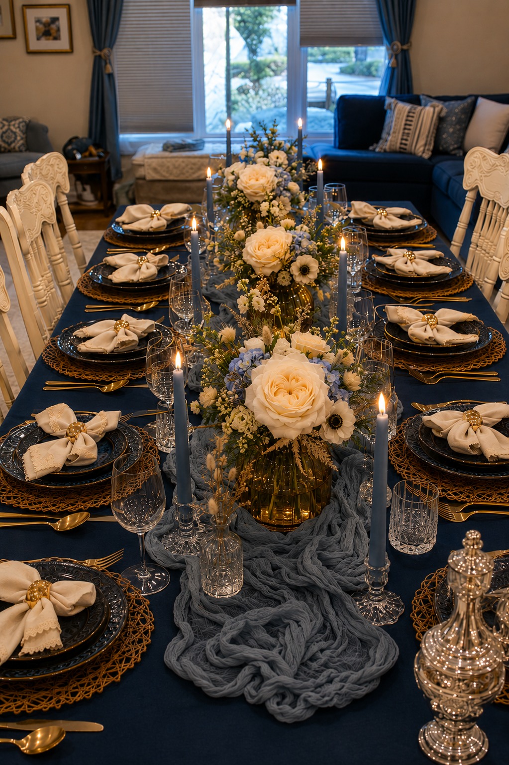 Navy tablescape with white roses, anemones, and taupe napkins tied at gold rings